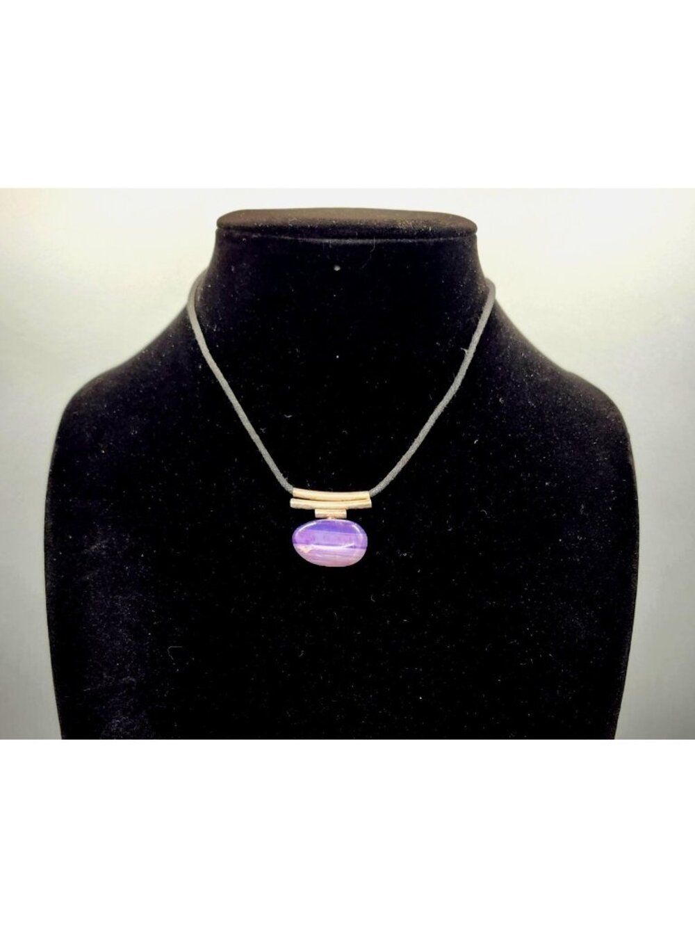 Purple Stone Pendant Necklace With Black Cord & Metal Accents